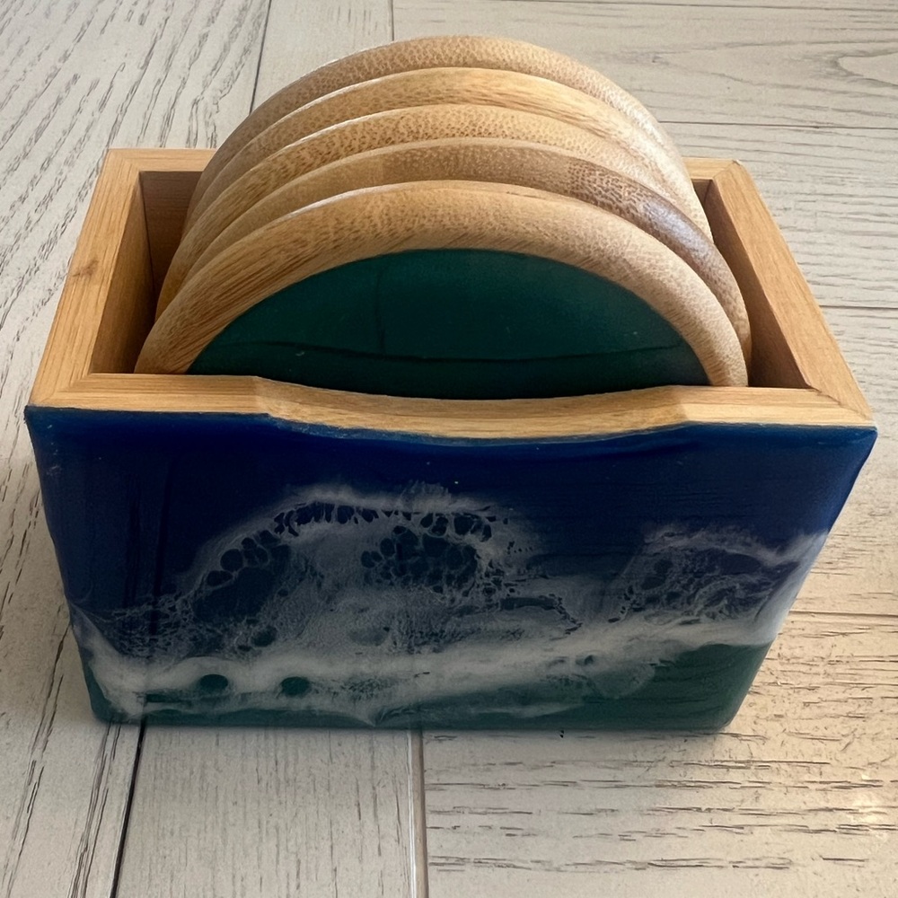 Handmade Ocean Resin Wave & Wood Coaster Set of 5 with Matching Holder